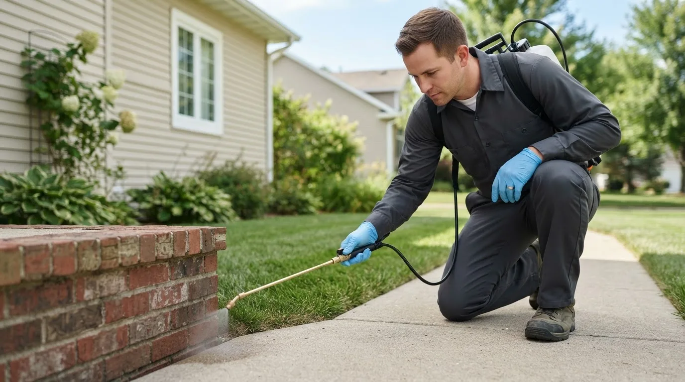 Pest control technician treating a home near Niota, IL