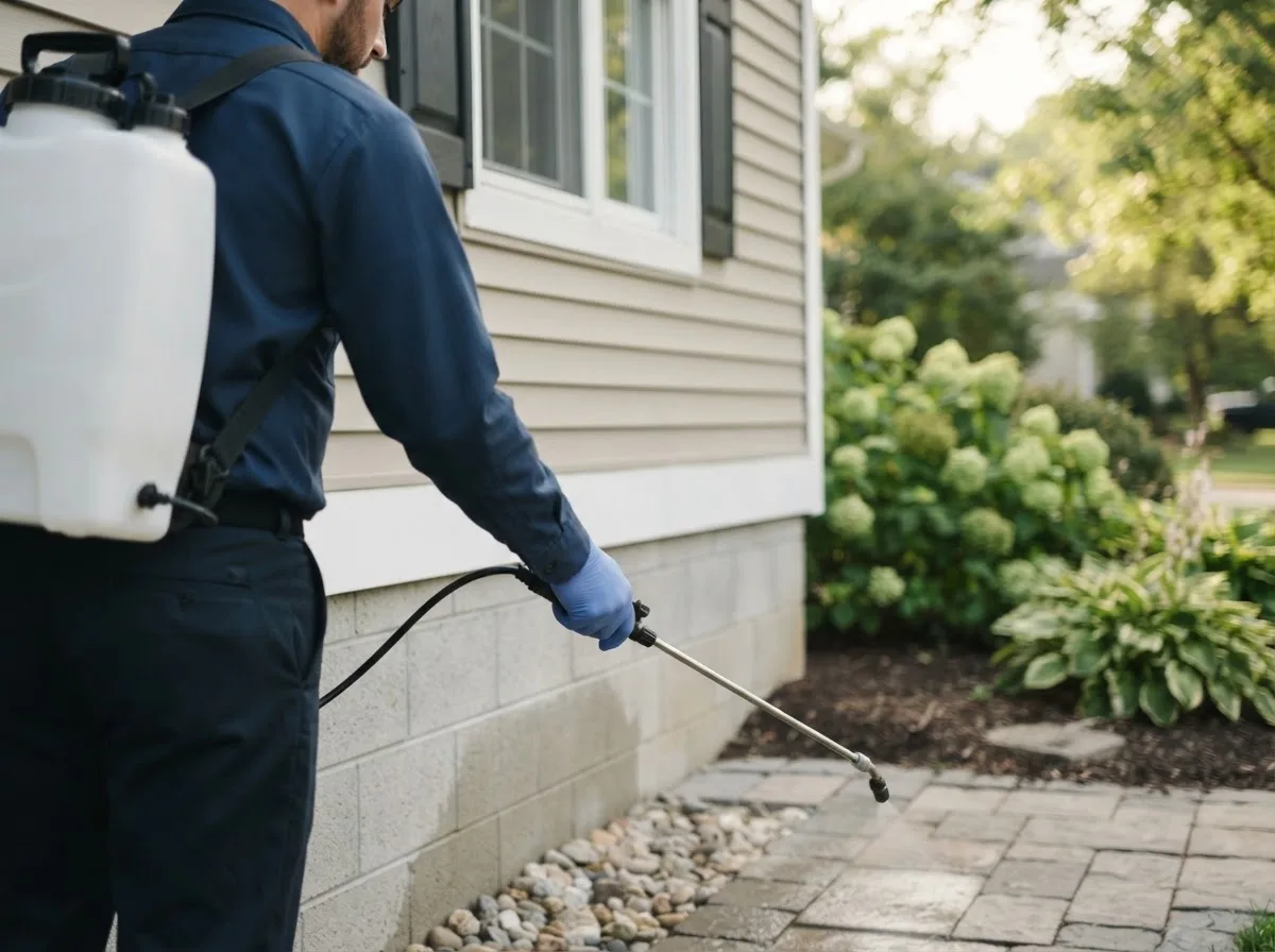 Pest control technician inspecting a home in Niota, IL